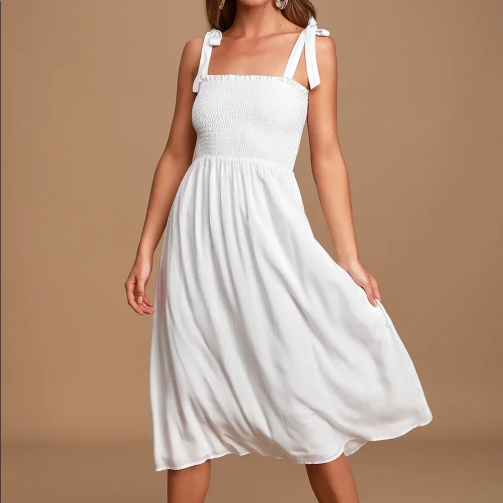 Lulus Looking Up White Smocked Tie-Strap Midi Dress